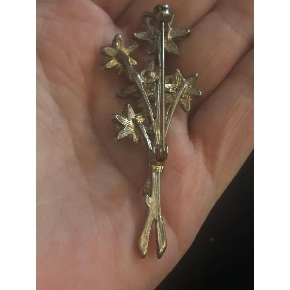 Vintage Rhinestone Flower Bouquet Brooch Silver Tone